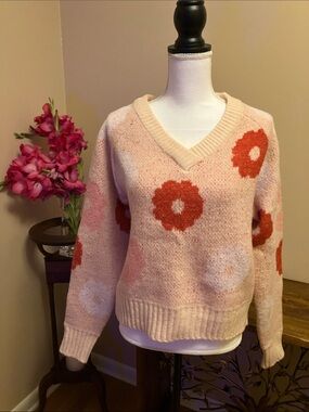 Soft Pink and red Floral V-Neck Sweater